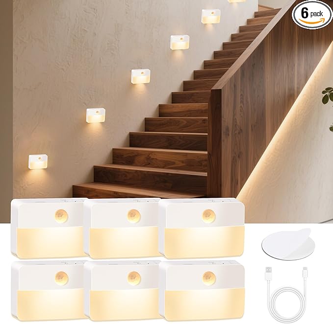 Motion Sensor Night Light for Indoor: 6 Pack Rechargeable Stair Lights LED 35 Lumen 3000k Step Lights with Magnetic Suck - Motion Sensor Lamp for Cabinet Closet Hallway Bedroom Stairs (Rechargeable)