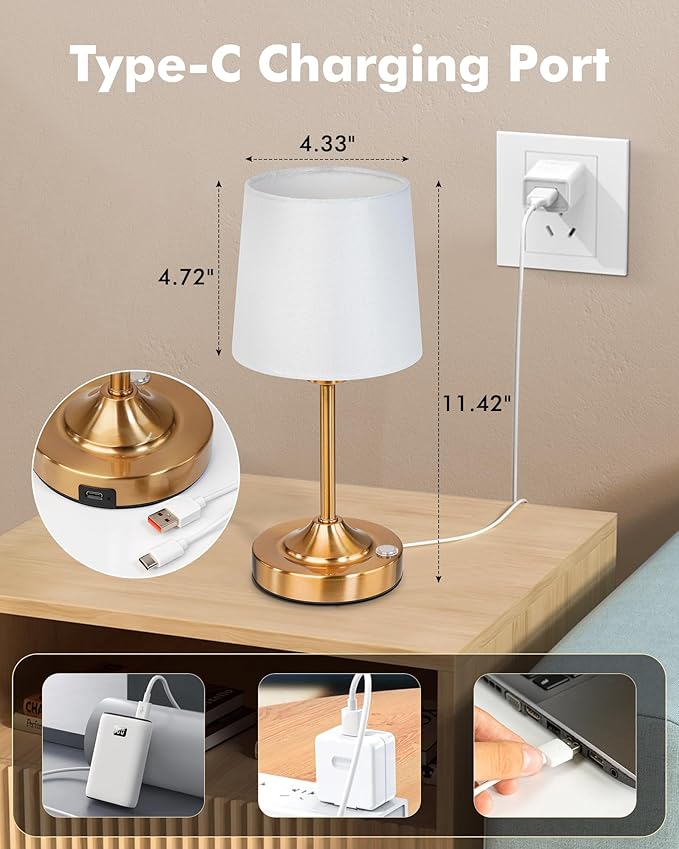 Cordless Table Lamp, 5000mAh Rechargeable Table Lamp with 3-Level Dimmable Brightness, Portable Nightstand LED Lamp for Bedroom, Living Room, Bedside, Dining Room (Gold)