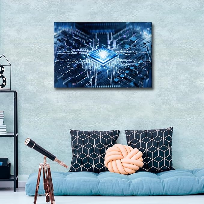 TUMOVO Digital Age Canvas Paintings CPU Concept Bedroom Wall Art Computer Chip Contemporary Home Decor AI Bathroom Decor Wall Art Modern Artwork Ready to Hang for Living Room Office, 36x24in