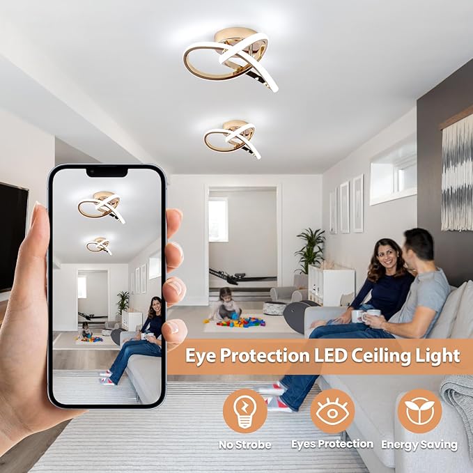 CANEOE Modern LED Ceiling Light, 6000K Gold Led Hallway Ceiling Light Fixtures, Curved Design Semi Flush Mount Ceiling Lights for Hallway Bathroom Kitchen Entryway Stair Ceiling Lamp (No Dimmble)