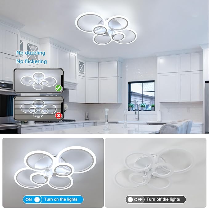 DELIPOP Modern Ceiling Light, 31.8'' Dimmable LED Ceiling Lights with Remote, White 6 Rings Flush Mount Ceiling Light for Kitchen, Bedroom, Living Room, Dining Room