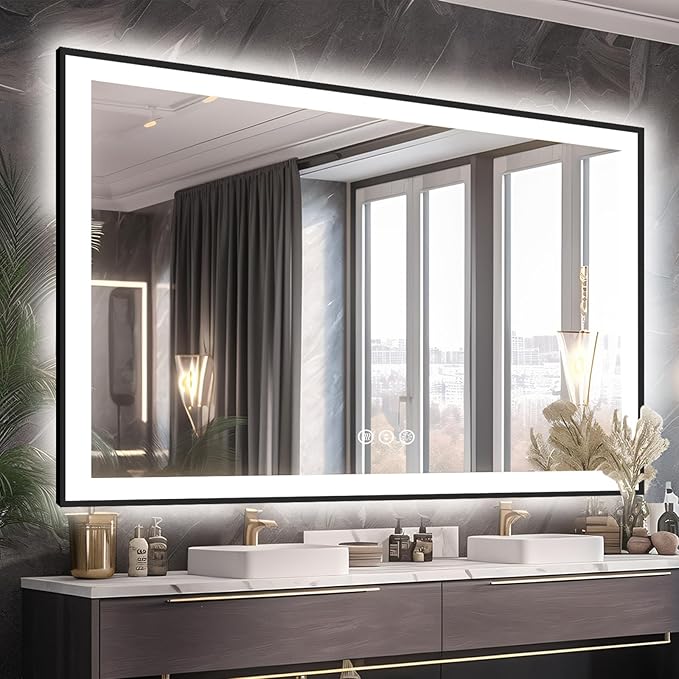 60x40 LED Mirror for Bathroom - Matte Black Framed (Front and Backlit), Anti-Fog Stepless 3 Colors Dimmable Lit Smart Vanity Mirror with Lights(Horizontal/Vertical)