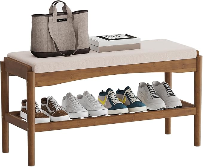 Shoe Bench Entryway Bamboo 2-Tier Shoe Rack with Cushion Padded Seat Shoe Bench Organizer Stable for Entry, Hallway, Living Room, Bedroom, Closet (31.5 * 11.4 * 16.5IN, Brown-Beige)