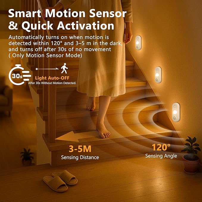 inShareplus LED Motion Sensor Puck Lights, Magnetic Under Cabinet Light Indoor, Small Rechargeable Night Light, Dimmable Sensor Lights for Closet, Stairs, Kitchen, Warm White (6 Pack)