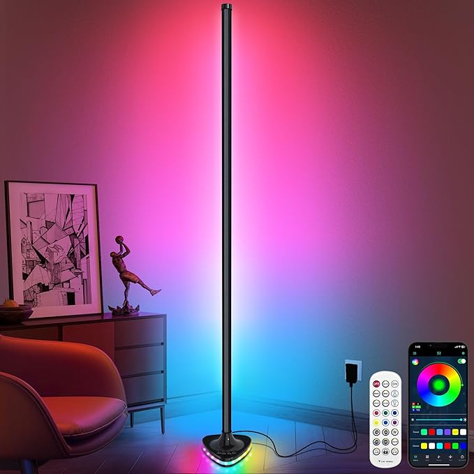 LanSuper Corner Floor Lamp,Smart RGB LED corner Floor Lamps with Luminous Base,21W 1800LM Super Bright Floor lamp with APP&Remote,LED corners lamp with Music Sync&16Million Colo,Ambient Lighting-Black