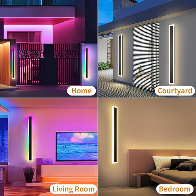 Outdoor RGB Long Wall Lights, 23.6inch 2 Pack RGB/Warm/White Dimmable Modern Led Wall Lighting, Ip65 Waterproof Long Wall Sconce with Remote and APP Control for Outdoor/Indoor