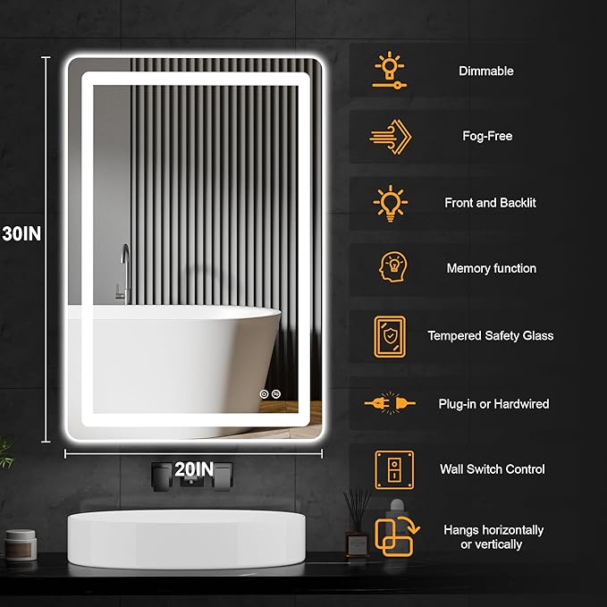 LED Bathroom Vanity Mirror with Light, 30"x20" Led Bathroom Vanity Mirror with Light for Wall, Anti-Fog, Dimmable 3 Colors, Memory Function, Backlit and Front Lit, Plug-in/Hardwired