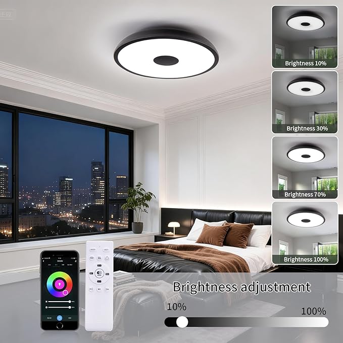 Black Smart Waterproof LED Flush Mount Ceiling Light Fixture,18W,with Bluetooth Speaker,RGB Color Changing Function-Dimmable Lamp,Tuya Application Control-Compatible with Alexa Google Home