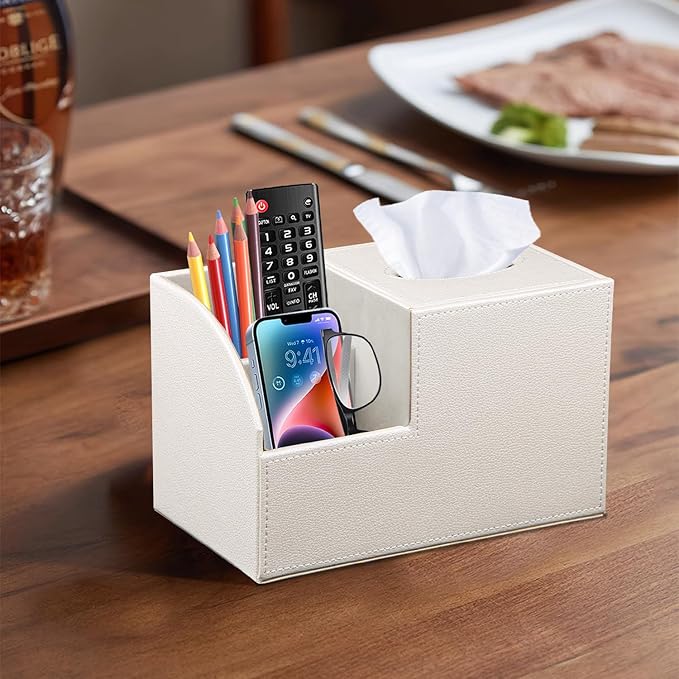 PU Leather Square Tissue Box Cover - Multi-Functional Tissue Box Holder, Tissue Box Cover with Storage,Tissue and Remote Control Holder, Cube Tissue Box Organizer Bedroom Nightstand End Table
