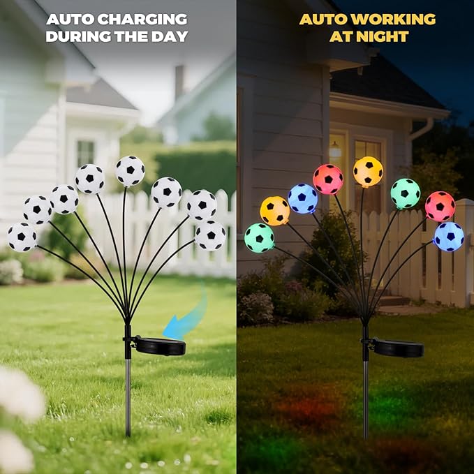 Solar Football Garden Lights – Swaying LED Solar Lights Outdoor for World Cup Decor, Outdoor Waterproof Patio & Yard Lights with Flexible Wire & Heavy Base, Multi-Colored (2 Pack)