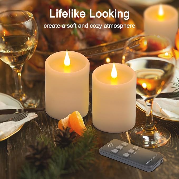 Flickering Flameless Candles with 3D Moving Flame, Real Wax Battery Operated Candles with Timer and Remote, Last 600+ Hours, 3" x 4" LED Fake Candles for Home Wedding Christmas Decor, 2 Pack