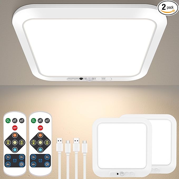 Rechargeable Motion Sensor Closet Light with Remote, Wireless Battery Operated Ceiling Light Magnetic Mount, Rechargeable LED Shower Light No Wiring for Indoor, Shower, Stairs, Hallway, Porch - 2 Pack