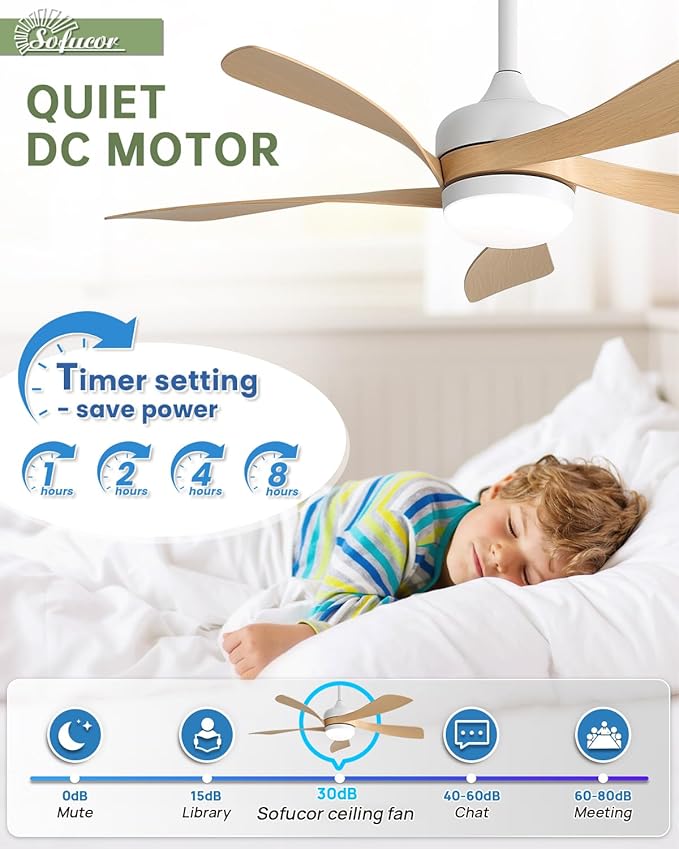Sofucor 45" Smart Ceiling Fan, Outdoor Modern Ceiling Fans with Lights and Remote, Compatible with Alexa/Google/App, 3-Color Light 6-Speed Timing Reversible DC Motor for Living Room Bedroom Patio
