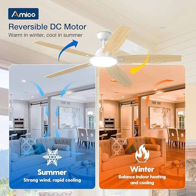 Amico Ceiling Fans with Lights, 60 inch Smart Ceiling Fan with Remote/APP/Alexa Control, Reversible, 5 Blades, 6 Speeds, 3CCT, Dimmable, Noiseless, Wifi Ceiling Fan for Farmhouse, Bedroom, White