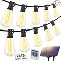 96FT(2x48FT) Solar Outdoor String Lights with Remote & Timer, Dimmable Patio Lights with 30+2 Shatterproof ST38 LED Bulbs for Outside-Black