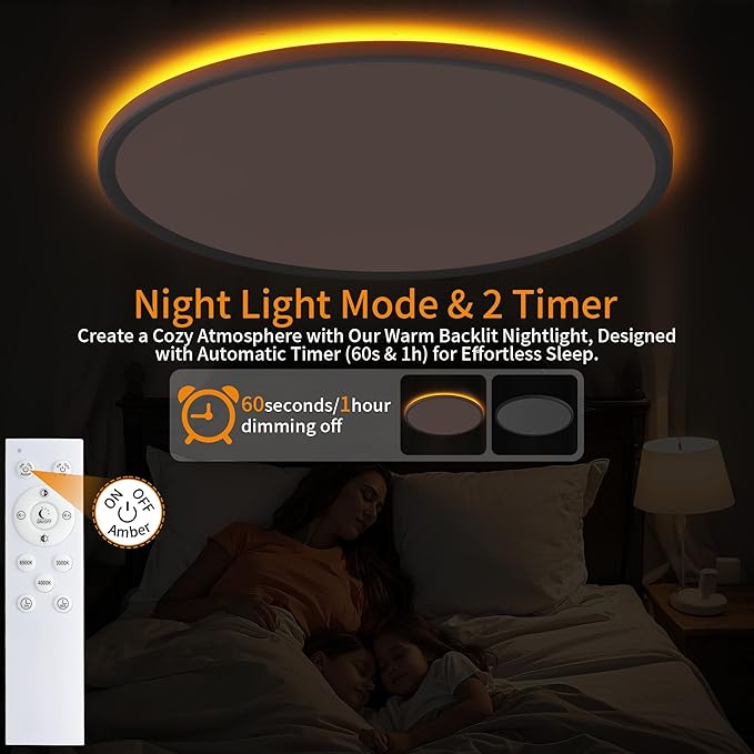 Flush Mount Ceiling Light with Night Light, 23in LED Ceiling Lights with Remote Control, 1800K Nightlights & 3000-6500K Dimmable Lamp Fixture, 54W 5400LM Low Profile for Bedroom, White