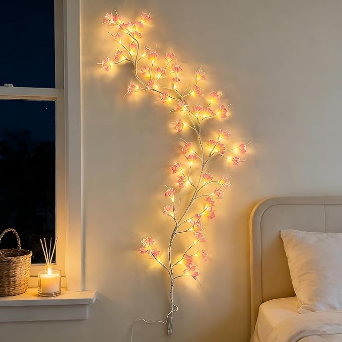 Cherry Blossom Tree Branch Lights: Cherry Blossom Willow Vine Garland with 54 LED Light and Remote for Wall Decor - 4 Lighting Modes Christmas Indoor Decorations for Home Bedroom Window (Pink)