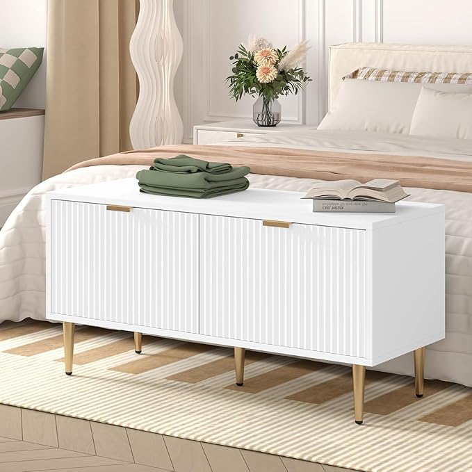 GAOMON Modern Fluted Shoe Storage Bench – 42 Inch Compact Wooden Entryway Cabinet with Spacious Storage, Comfortable Seating for Hallway, Foyer, Mudroom, Front Door