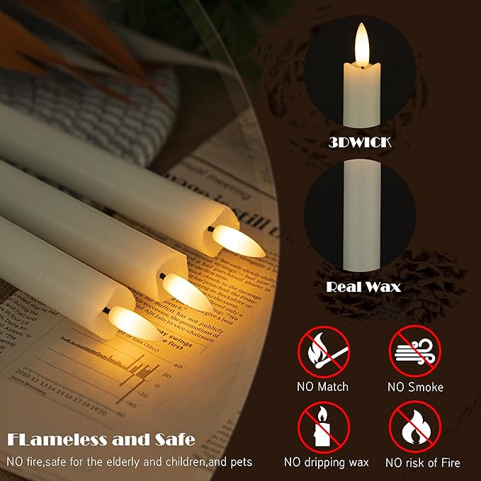 Flameless Taper Candles with Remote Timer, 6Pack Battery Operated Real Wax Flickering Flame, Fake Electric LED Candles Warm Light for Mother's Day Christmas-White