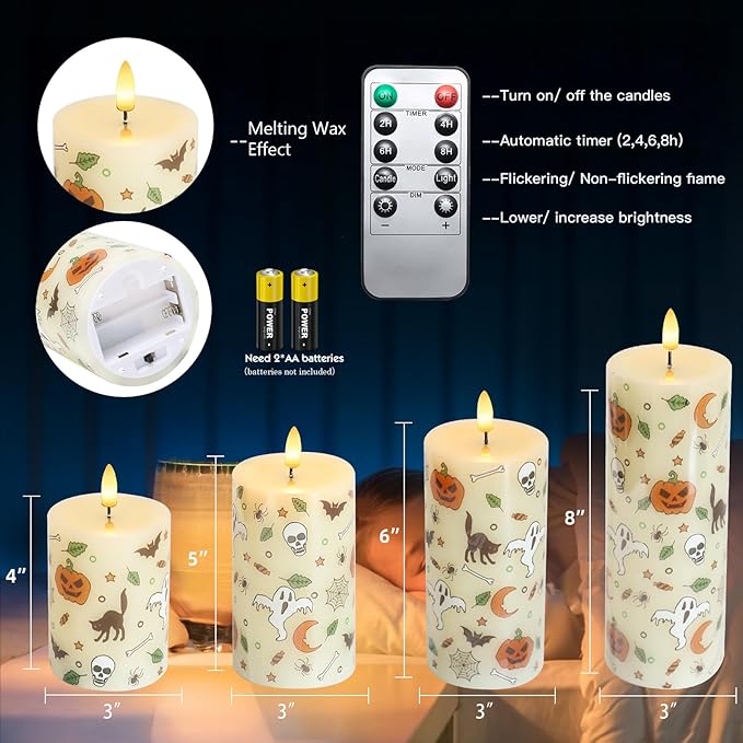 Lezonic Ivory Flameless Candles with Remote, LED Battery Operated Flickering with Timer, 4 Pack Glossy Wax Drips Design Real Wax Pillar for Halloween Decor, Centerpiece, Birthday Gifts (4/5/6/8 Inch)