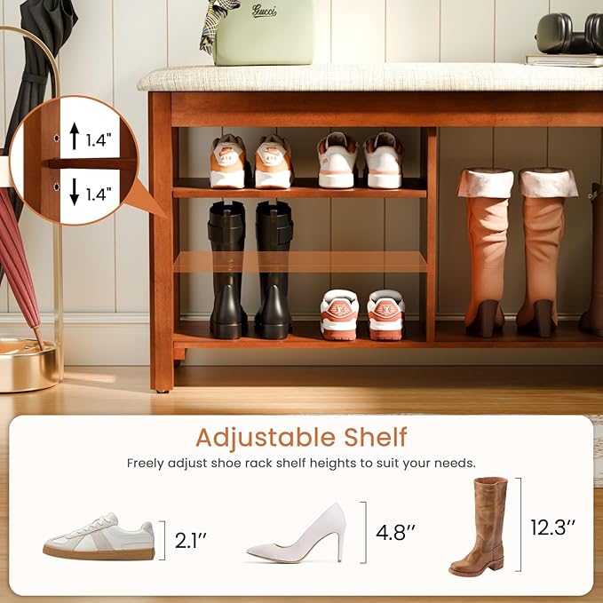 Shoe Rack Bench with Flip-Top Storage, Solid Wood Entryway Bench with Cushion, Adjustable Shelf, Shoe Organizer for Front Door Entrance, Hallway, Living Room, Mudroom (Beige, 39.4" L)