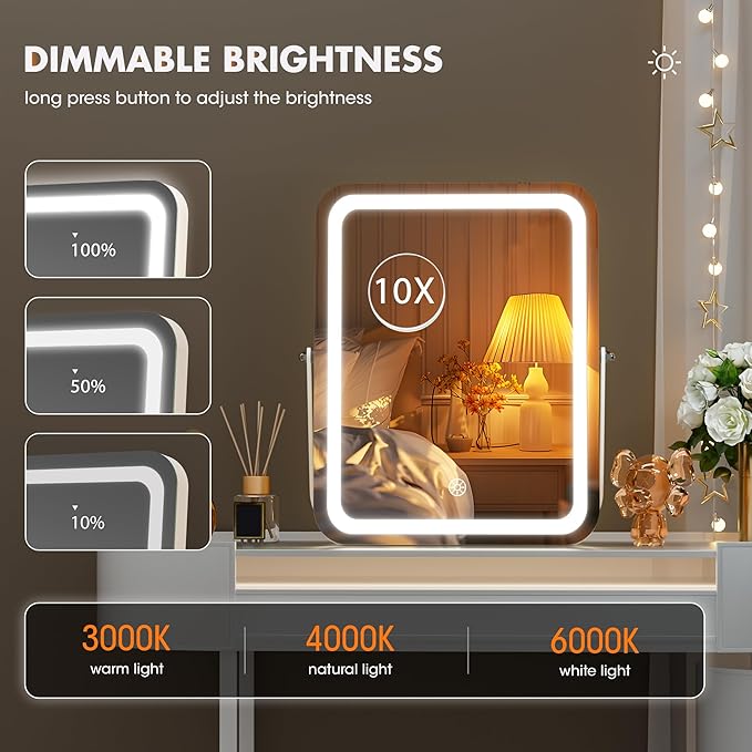 Hasipu Vanity Mirror with Lights, 11" x 14" LED Makeup Mirror, 3 Modes Light, Smart Touch Control Dimmable, 360°Rotation, Rectangle White Frame, with 5X Magnifying Glass