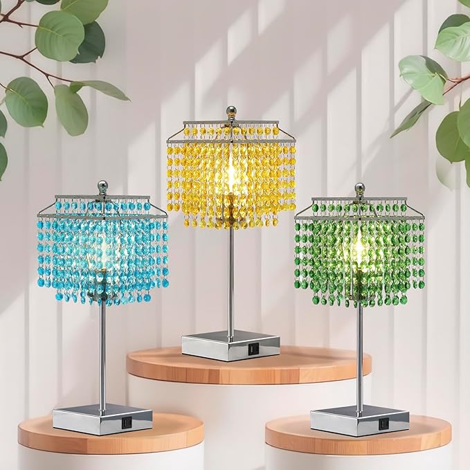 Luvkczc Crystal Table Lamp with Touch Control, Bedside Crystal Table Lamp with USB C+A Ports, Dimmable Lamp for Girls Bedroom, Living Room, Light Yellow & B11 LED Bulb Included