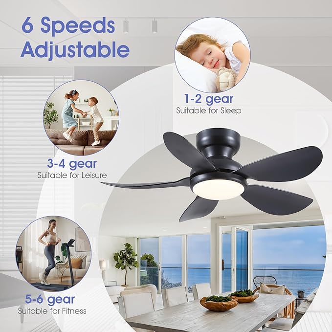 36 Inch Modern Ceiling Fans with Lights, Small Flush Mount Ceiling Fan, Remote/APP Control, 5 Reversible Curved Blades, 6 Speeds, 3 CCT Dimmable Lights for Kids Room Bedroom, Black