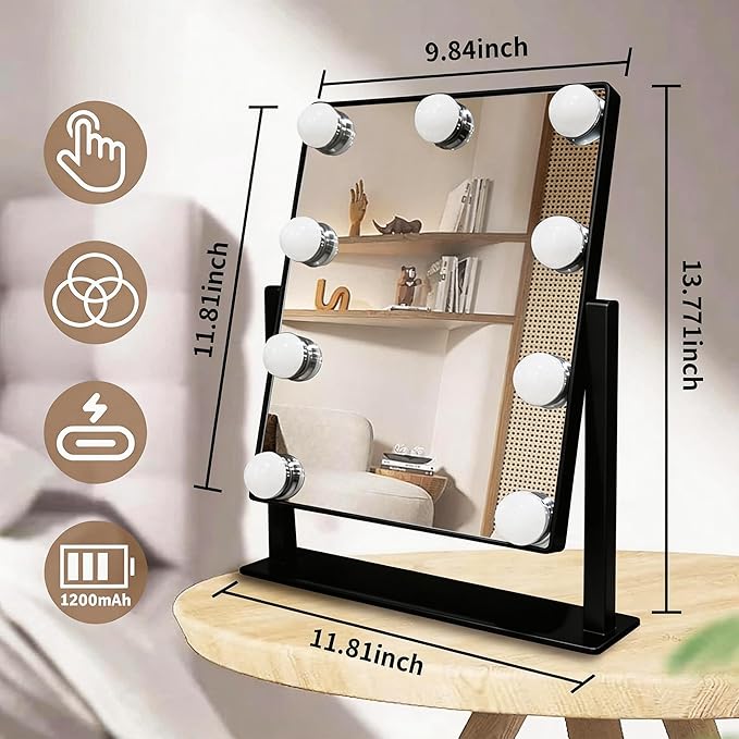 Makeup Vanity Mirror with Lights 13.77"x 11.81" LED Makeup Mirror Detachable 10X Magnification, Hollywood Make Up Mirror with Lighting, Smart Touch, Rechargeable,360° Rotation, (Black)