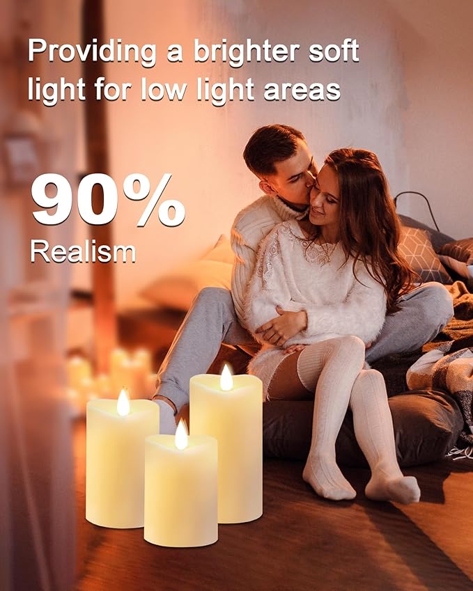 LOGUIDE Flickering Flameless Candles with Remote Timer, Realistic 3D Moving Flame with Real Wax Pillar LED Candles,Lasting 500+Hours Battery Operated Candles for Wedding Decoration, Christmas,3 Pack