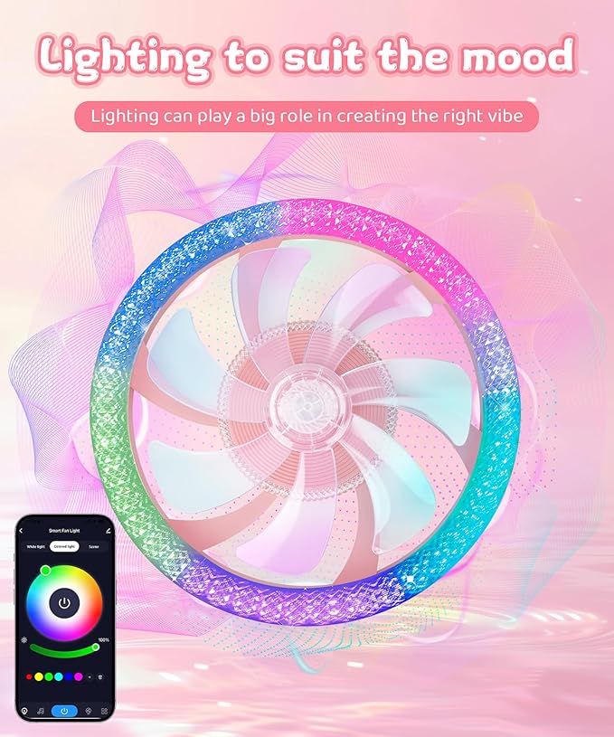 2 in 1 Wifi RGB-LED 20” Ceiling Fans with Lights and Remote, 3000-6500K Dimmable Flush Mount Smart Low Profile Ceiling Fan with Lights, Bluetooth Bladeless Fans with APP, for Bedroom, Pink