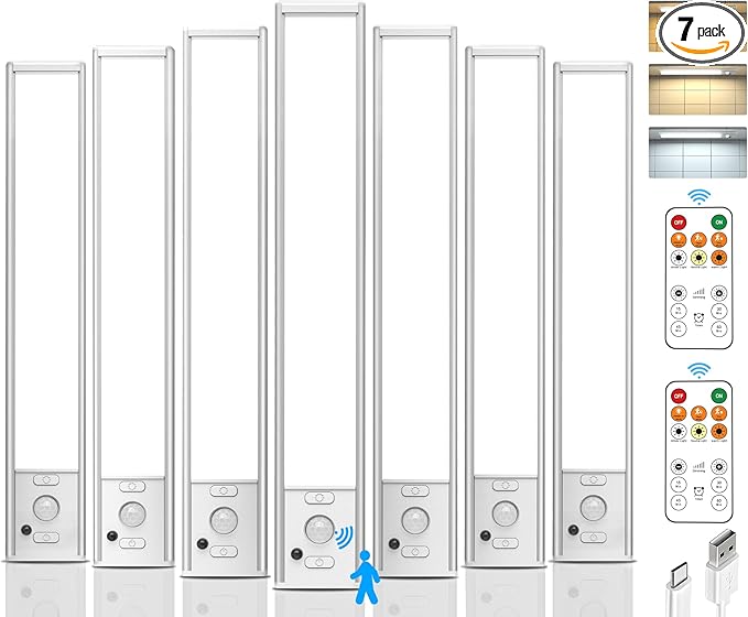 9inch Under Cabinet Lighting Wireless, Rechargeable Motion Sensor Indoor Light, 3 Color Temps & Dimmable Closet Lights with Remote, Magnetic Under Counter Light for Kitchen, Stairs, Wardrobe, 7 Pack