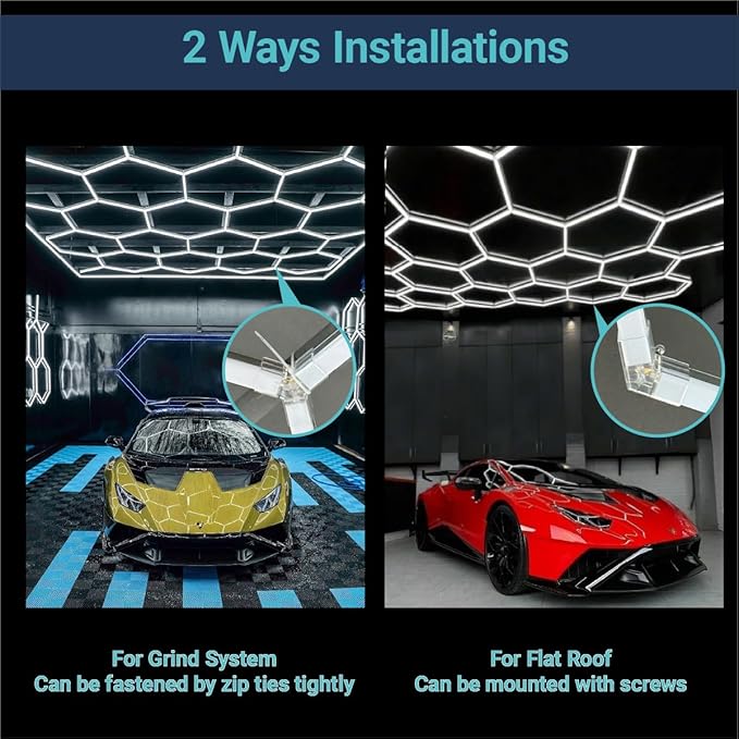 LED Hexagon Garage Light: 5 Honeycomb 24 Packs 6500K 21120LM Super Bright Car Detailing Garage Ceiling LED Shop Light for Warehouse Workshop Gym Basement Car Care Wash Room Hex Lights