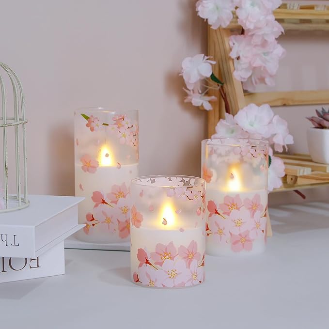 Flameless Flickering Glass Candles with Remote and Timer,Cherry Blossoms LED Battery Operated Real Wax Set of 3 Realistic Wick Electric Pillar Candles,Warm Fire(3 x 4, 5, 6 Inches)
