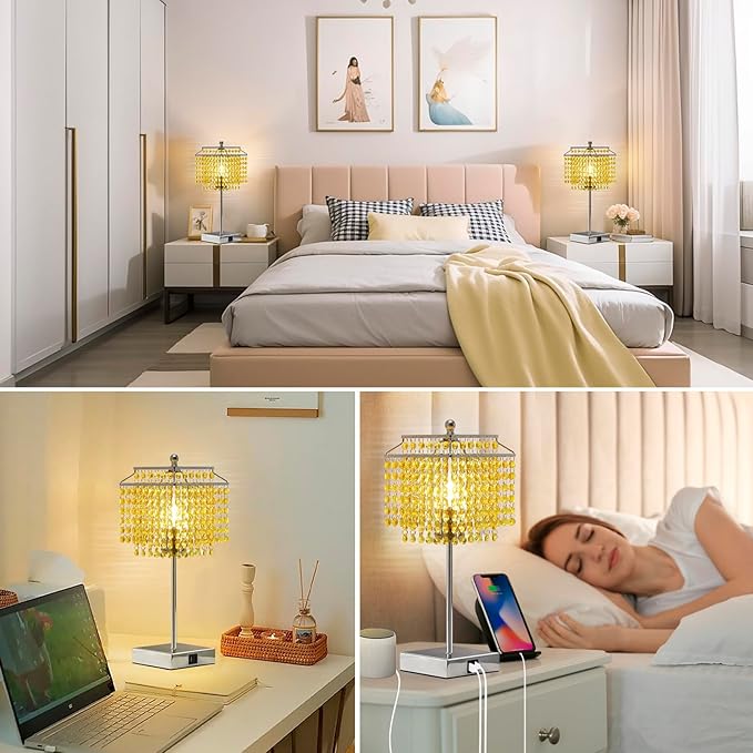 Luvkczc Crystal Table Lamp with Touch Control, Bedside Crystal Table Lamp with USB C+A Ports, Dimmable Lamp for Girls Bedroom, Living Room, Light Yellow & B11 LED Bulb Included