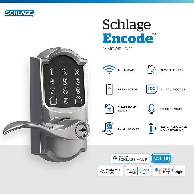Schlage FE789WB CAM 625 Acc Encode WiFi Accent Lever Smart Lock, Keyless Entry Touchscreen Door Lock with Camelot Trim, Bright Chrome (Pack of 4)