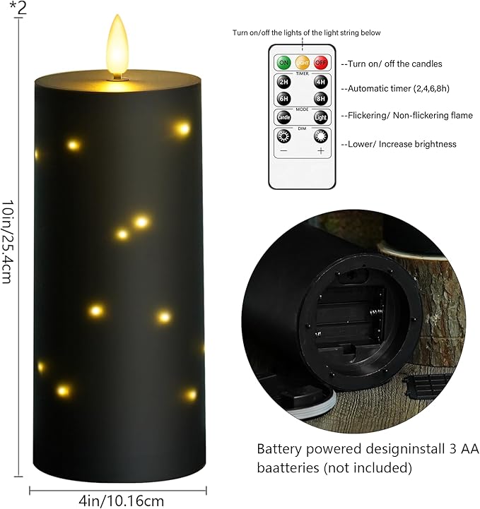 10" x 4" Large Outdoor Waterproof Flickering Flameless Candles with Timer,2Pcs Battery Operated LED Pillar Candles with Embedded Star String for Outdoor Lanterns,Porch,Patio Decor(Black)