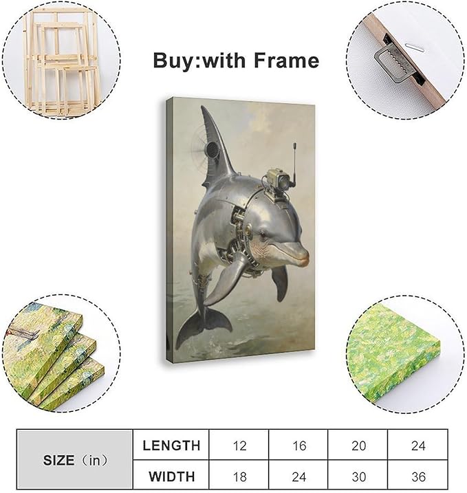 Framed Steampunk Mechanical Dolphin Wall Art - Marine Retro-Futuristic Poster for Beach House Living Room Decor 24x36inch(60x90cm)