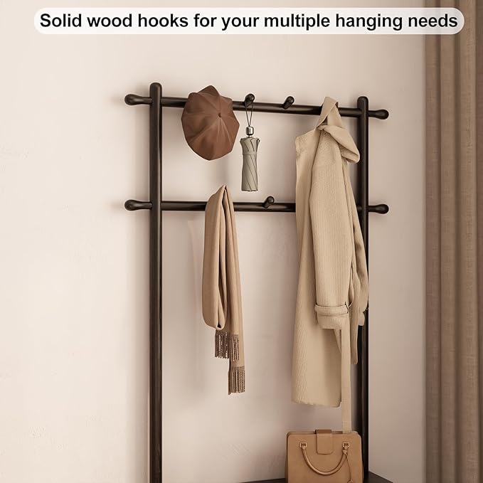 AQIMUELE Coat Rack with Shoe Storage, Wooden Hall Tree with Bench, 11 Hooks and 2-Tier Storage Shelves, 3-in-1, Entryway Bench with Coat Rack (31.5"-Deep Black)