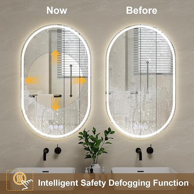 BEAUTYPEAK 40x24 LED Oval Bathroom Mirror with Lights, Anti-Fog, Dimmable, Backlit + Front Lit, Lighted Bathroom Vanity Mirror for Wall, 3 Colors, Memory Function, Tempered Glass, Shatter-Proof