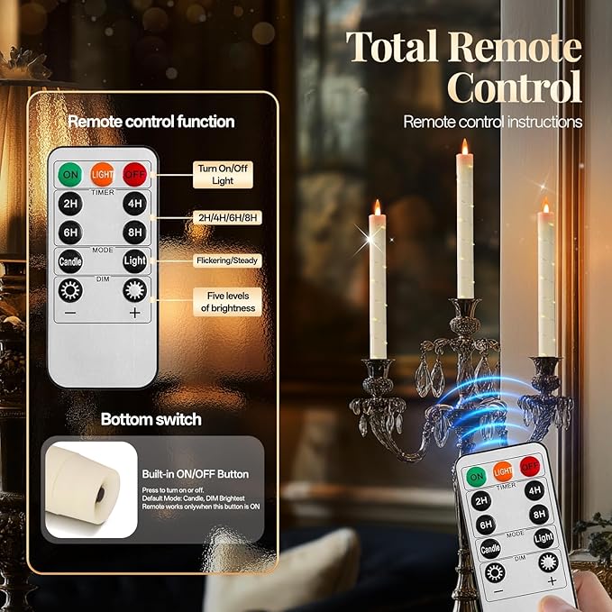 6 Pcs Flameless Taper Candles, Battery Taper Candles Flickering Flame with Embedded Star String, Candle Sticks Battery Powered with Remote Control, Timer Function Ideal for Easter (Ivory)