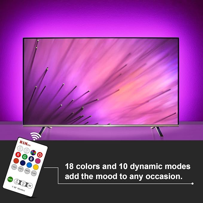 HAMLITE TV LED Backlight USB Powered, 6500K White PC Monitor Bias Lighting for 60-65inch TVs, 14.8Ft RGBW Led Light with RF Remote, 20 Color Changing LED Background Room Decor