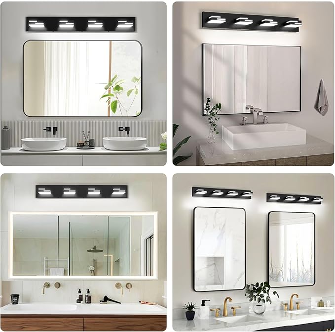 LED Modern Bathroom Vanity Light Fixtures,4-Light 28-inch Dimmable Matte Black Vanity Lights for Bathroom Lighting Fixtures Over Mirror, with 350° Rotatable Acrylic Heads (Cool White 6000K)