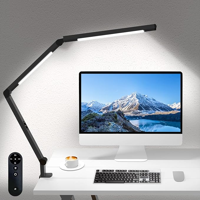LED Desk Lamp with Clamp, Architect Desk Lamp for Home Office with Remote Control, Swing Arm Clamp on Computer Light, Clip-on Eye-Care Adjustable 5 Brightness Levels Table Light for Working Drafting