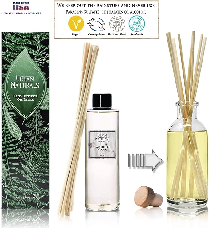 Urban Naturals Patchouli Woods Reed Diffuser Refill Oil with Replacement Sticks Kit | Sandalwood, Patchouli & Ylang Ylang Room Scent. Vegan. Made in the USA