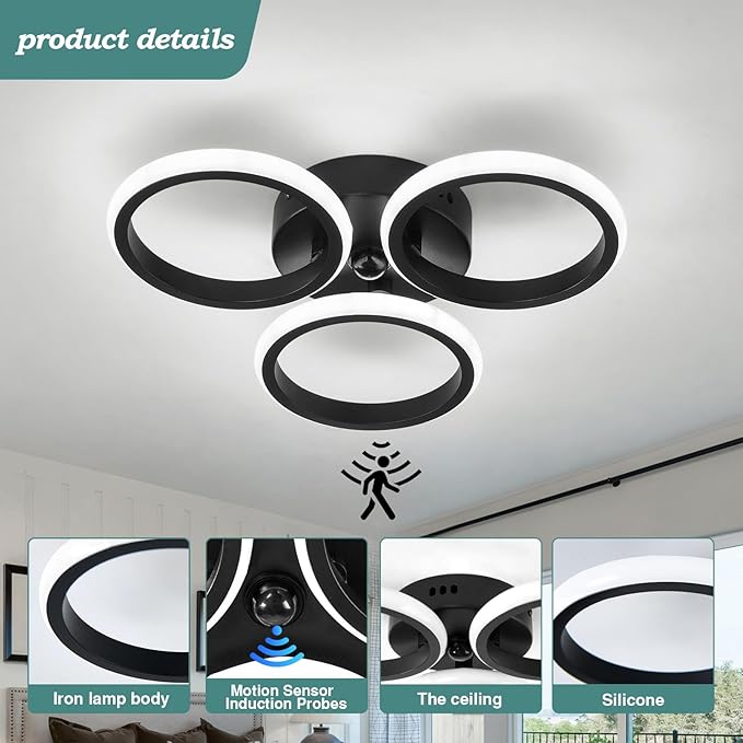 ZGLAOJT Led Motion Sensor Light Indoor 24w Semi Flush Mount Ceiling Light Fixture Black 6000k Modern White Light for Hallway Porch Stair Closet Laundry.