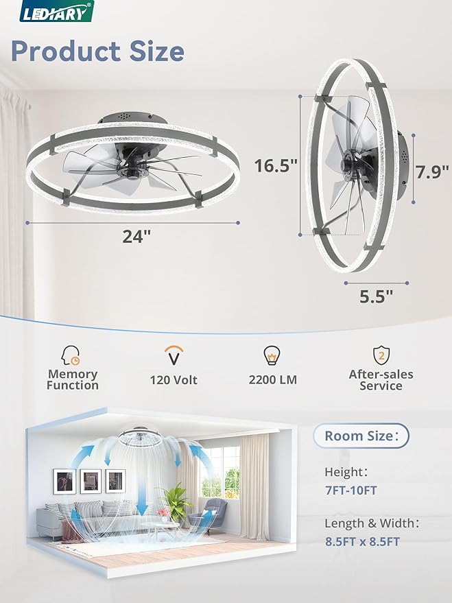 LEDIARY Ceiling Fans with Lights and Remote, 24'' Low Profile Ceiling Fan with Light, 3000-6000K Dimmable Fandelier Ceiling Fans, Modern Flush Mount Fan for Bedroom with 6 Wind Speeds- Sandy Gray