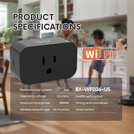BXST WiFi Smart Plug 15A 1800W, Smart Outlet with Timer & Countdown, Voice Control with Alexa & Google Home, 2.4GHz WiFi Socket for Home Appliances, No Hub Required, CE FCC Listed, Black, 2 Pack