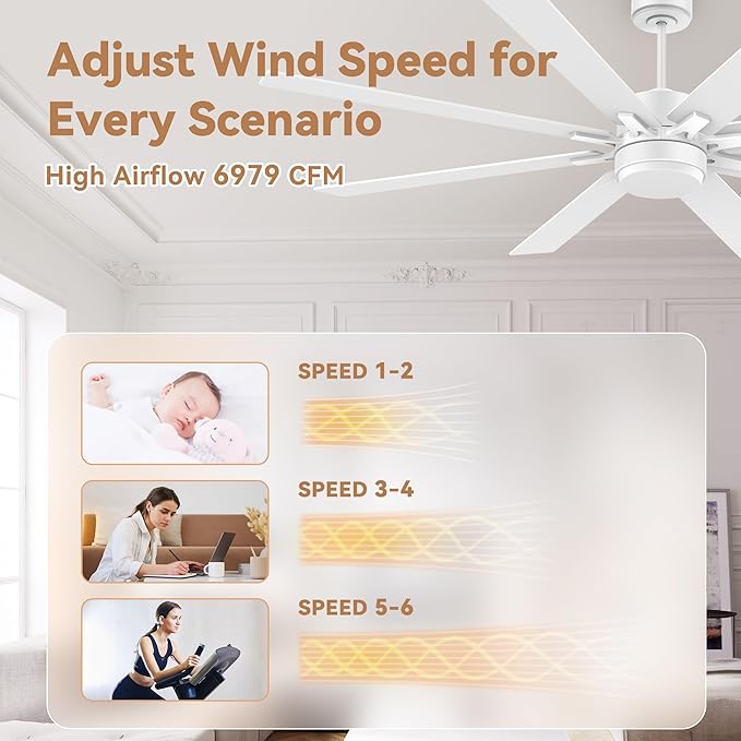 72Inch Large Smart Ceiling Fans with Lights Remote,Control via WIFI Alexa Google App,Modern Outdoor Indoor Ceiling Fan for Large Patio Living Room,6 Speed Quiet DC Motor,8 Blades in White& Light Wood