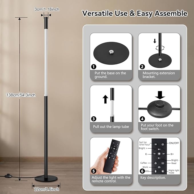 LED Dimmable Floor Lamp with Remote & Foot Switch, 2700–6000K Adjustable Color Temperature & Stepless Dimming, Slim Linear Tube Tall Standing Lamp, Modern Black Corner Lamp for Living Room Bedroom